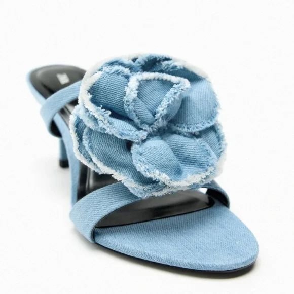 ZARA FLORAL HIGH HEELED DENIM SANDALS - Picture 4 of 6